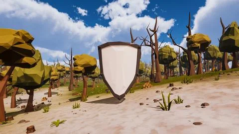 A shield with a white background in the center of a virtual scenery represe.. Illustrazione stock