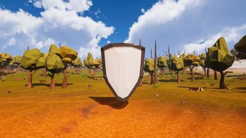 A shield with a white background in the center of a virtual scenery represe.. Stock-Illustration