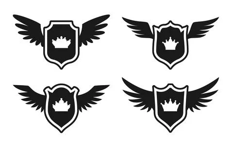 Shield wing crown emblem badge black glyph set Stock Illustration