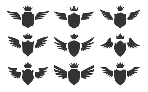 Shield wing crown emblem black silhouette set Stock Illustration