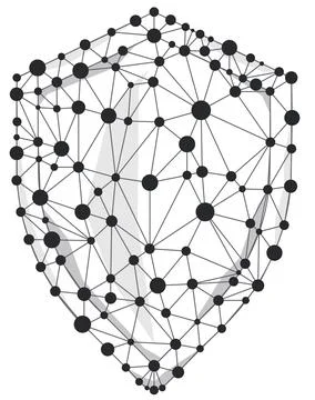 Shield wireframe polygon with line and dots isolated on white background. Stock Illustration