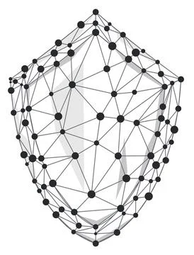 Shield wireframe polygon with line and dots isolated on white background. Stock Illustration