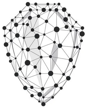 Shield wireframe polygon with line and dots isolated on white background. Stock Illustration