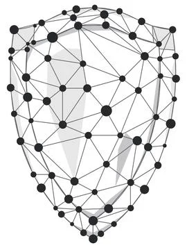 Shield wireframe polygon with line and dots isolated on white background. Stock Illustration