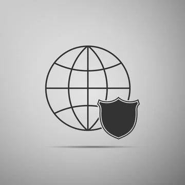 Shield with world globe icon isolated on grey background. Security, safety Stock Illustration