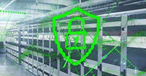 Shielding green digital shield icon protecting data in secure data center, with Stock Photos