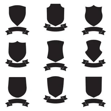 Shields and stylish ribbon set isolated on white background. Different shields.i Stock Illustration