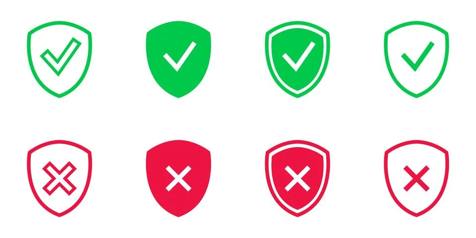 Shields with Check and X icon set. Safe information. Vector clipart illustrat Stock Illustration