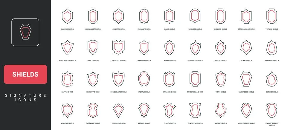 Shields with frame of different shape, guarantee protection, safety armor line Stock Illustration