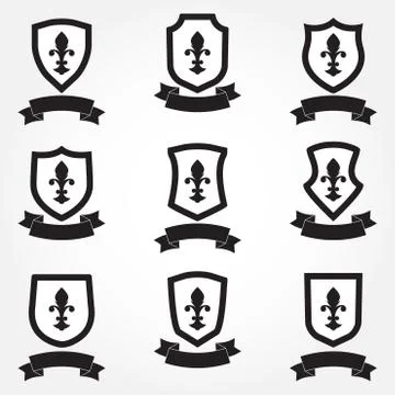 Shields icon set. Different shield shapes with fleur-de-lis symbol and stylis Stock Illustration