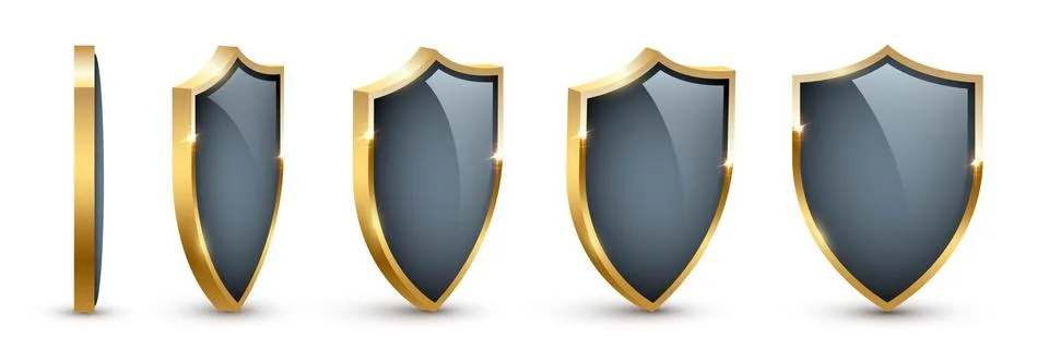 Shields with reflection in shiny gold frames front, side view set Stock Illustration
