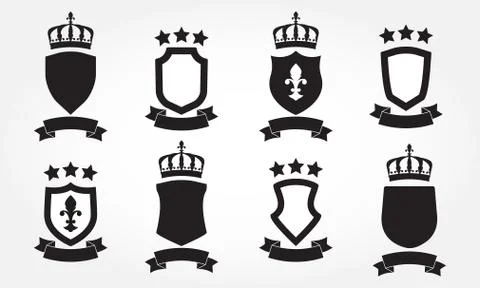 Shields set. Collection of different shield shapes with crown and stars.  Stock Illustration