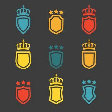 Shields set. Collection of different shield shapes with crown and stars.  Stock Illustration
