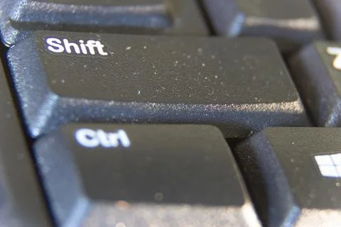 Shift and Ctrl Keys on Black Computer Keyboard Angled View Stock Photos