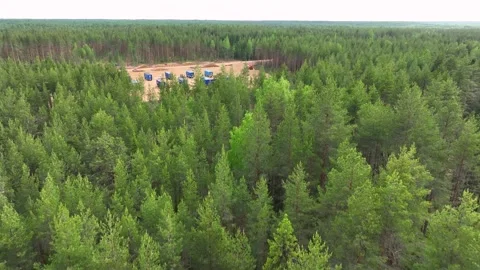 A shift camp in the forest. Deforestation. Quadcopter Stockbeeldmateriaal 314504670