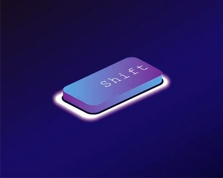 Shift. Covered with a neon backlit keyboard button. Software development conc Stockillustratie