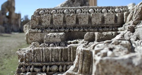 Shift focus from ornament to Jupiter's Temple, Baalbek Roman ruins, Lebanon Stock Footage 118997971