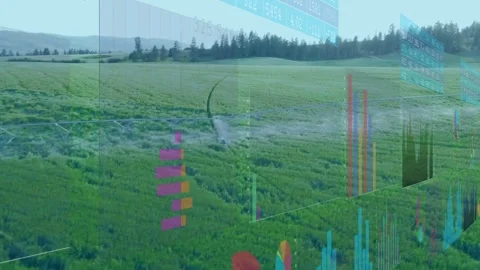 Shifting 3D data panels moving over green crop field, showing stacked bars and Stock Footage 332428774