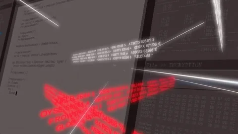 Shifting camera, 3D ribbon sliding before dual monitors, revealing white ticker, Stock Footage 331701521