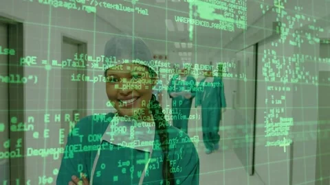 Shifting code overlay revealing corridor, female surgeon leading team smiling Stock Footage 317159426