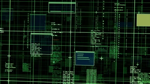 Shifting display on start at dark HUD, sliding neon green grid, blue code panels Stock Footage 340268158