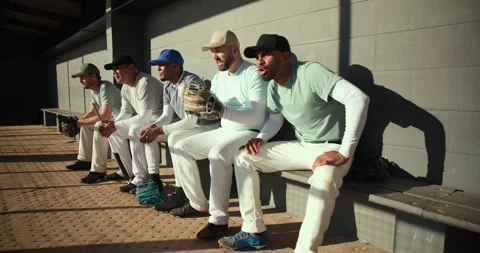 Shifting forward teammates grabbing gloves, leaning, clapping on dugout bench, Stock Footage 340770880
