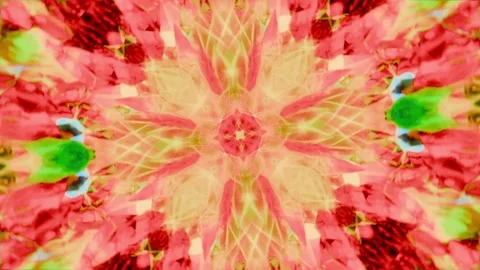 Shifting kaleidoscopic star pattern centering on-screen, yellow core, red Stock Footage 337886057