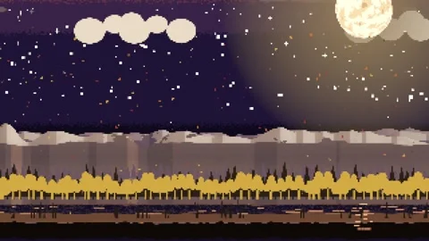 Shifting moon glow causing pixel treeline shining at night, with stars Stock Footage 337885914