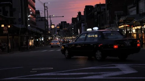 Shijo Dori Street  Outside Yasaka Shine at Sunset  4k Stock Footage