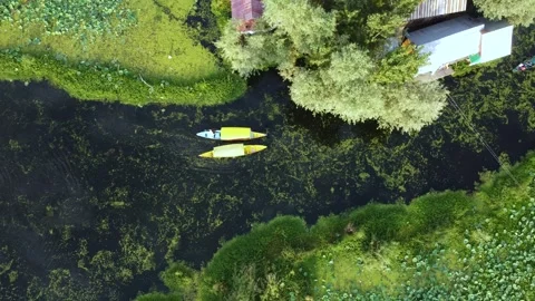 Shikara moving in harmony through Dal Lake’s interior lanes – drone shot. Stock Footage 310786187