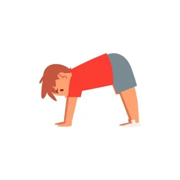Сhild boy doing yoga pose or sport exercise flat vector illustration isolated. 스톡 일러스트