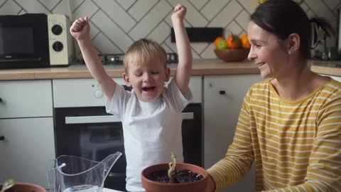 Сhild sitting with her mother at the kitchen table counts pots of seedlings Stock Footage 331438061