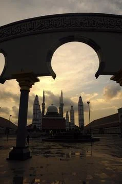 Shilouette of the Central Java Grand Mosque at sunset Stock Photos