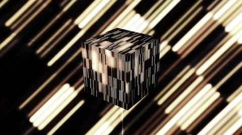 Shimmering 3D striped cube. Motion. Glowing and flashing square in virtual space Stock Illustration