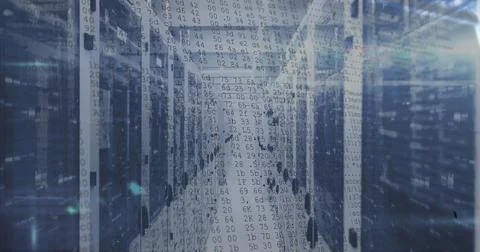 Shimmering central server corridor running through data center, with rack Stock Photos