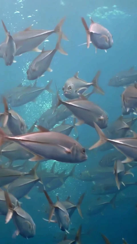 A Shimmering School of Tuna Glide Through the Deep Blue Ocean Stock Footage 323375552