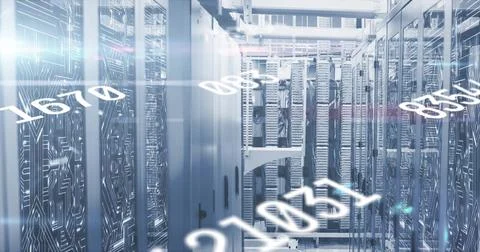 Shimmering server racks displaying LED lights in data center corridor, with Foto stock