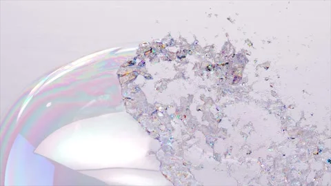 Shimmering soap bubble burst in 3D animation, a dance of iridescent fragments Video stock 257774867