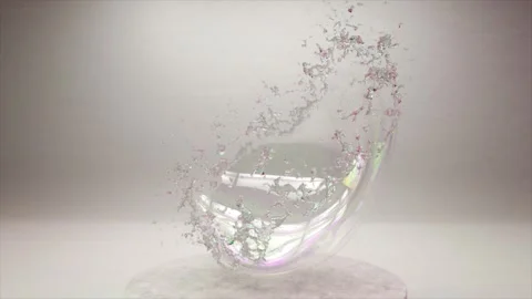 Shimmering soap bubble burst in 3D animation, a dance of iridescent fragments Stock Footage 257776506