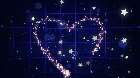 Shimmering sparkle trail forms glowing heart shape on dark blue grid background 库存影片 340610719