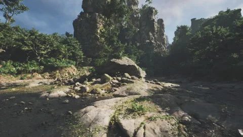 Shimmering stream bed scene, Damp cavern river with reflective pools Stock Footage 331524680