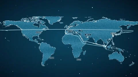 Shimmering world map changing into dotted grid, named ports routes callouts Stock Footage 341865048