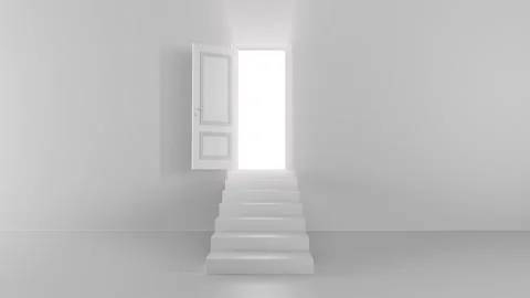 Shine of an open door with steps in a bright room Stock Footage 132909149