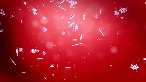 Shining 3d snowflakes float in air in slow motion at night on a red background Stock Footage 81714820