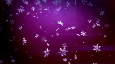 Shining 3d snowflakes float in air in slow motion and shine at night on a purple Stock Footage 83375613