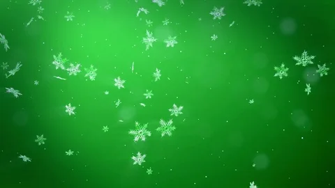 Shining 3d snowflakes float in air in slow motion at night on a green background Stock Footage 83376069
