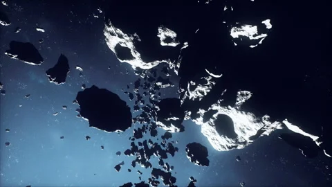 Shining asteroid zone with drifting parts and starlight reflection Stock Footage 334326501