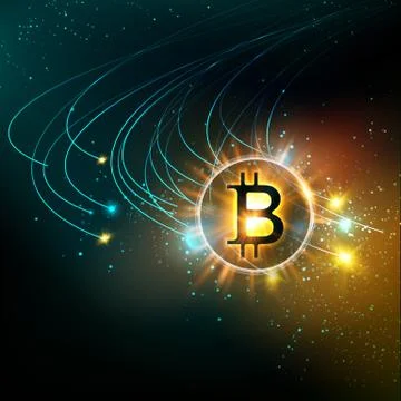 Shining bitcoin symbol with light splashes and sparks. Golden blockchain space Stock Illustration