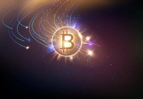 Shining bitcoin symbol with light splashes and sparks. Golden blockchain space Stock Illustration