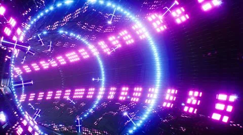 Shining Blue Circle Light and Neon Light Tunnel Inside Background Stock Illustration